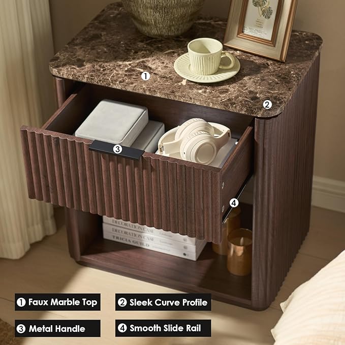 Fluted Nightstand Set of 2, Bedside Table with Faux Marble-Top, Engineered Wood Side Table with Drawer Open Shelf, Curved Corners, Modern Night Stand for Bedroom, Small Spaces, Dark Oak