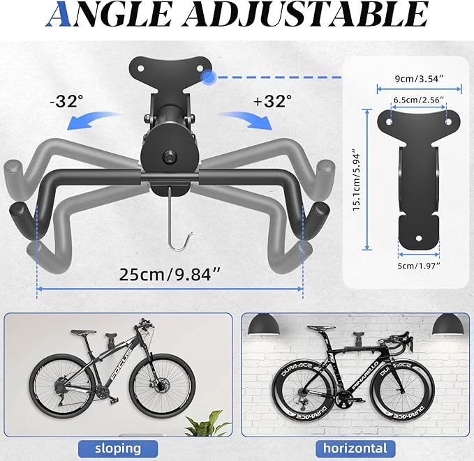 Goovilla Bike Wall Mount Hanger Adjustable - Space Saving Horizontal Bicycle Rack for Mountain/Road/Hybrid Bikes | Secure Home Garage Storage with Easy Installation | 2-Pack Cycling Holder Hook,Black