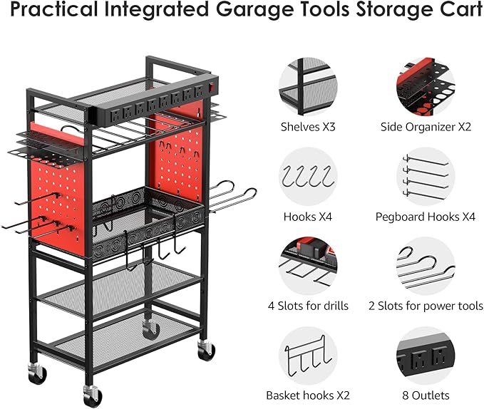 CCCEI Power Tool Organizer Cart with Charging Station, Garage Floor Rolling Storage Cart on Wheels for Mechanic, Mobile 6 Drill, Tool Box Utility Cart with Battery Charging Power Strip, Red.