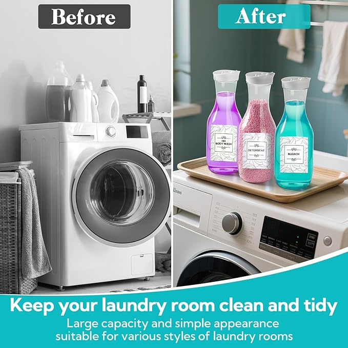 4 Pack Laundry Bottles 53oz Plastic Liquid Detergent Dispenser with 20 Label Laundry Room Organization for Liquid Powder Bleach Scent Booster Beads Soap Fabric Softener