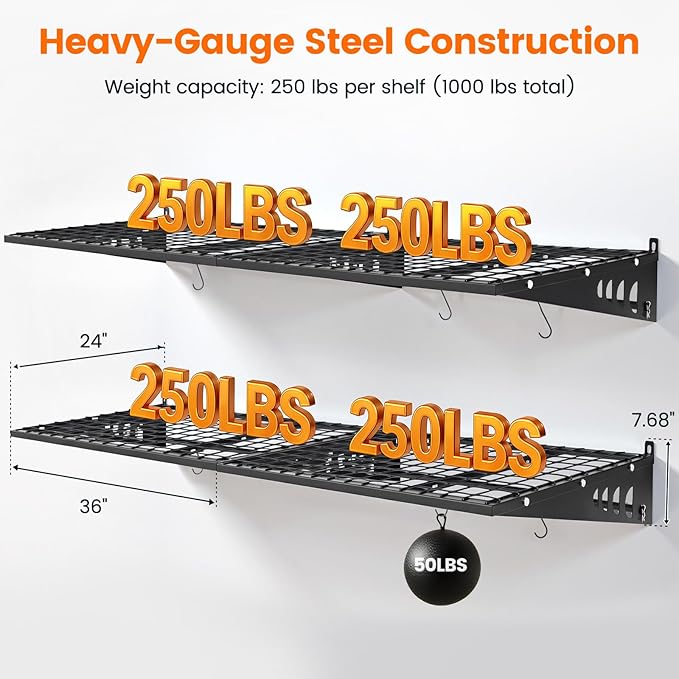 Garage Shelving 2x3ft 4-Pack, Garage Storage Rack 24"x36" Metal Shelves Black Wall Mounted with rods & 6 Hooks, Heavy Duty Wall Shelving Floating Shelves, 1000lbs Total load Capacity