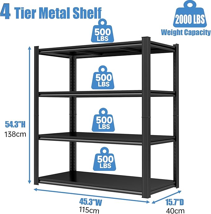 Garage Storage Shelves,5 Tier Shelving Unit, 40 inch Wide, 18” Deep, 78” Tall Organizer Metal Shelf for Basement/Laundry/Pantry Heavy Duty, Adjustable,Easy to Install (4Tier-45.3"WX15.7"DX54.3"H)