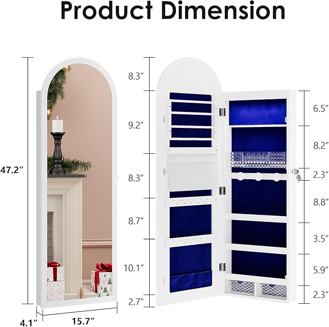 47in Tall Jewelry Cabinet Organizer, Arched Wall or Door Mounted Jewelry Armoire with Full-Length Mirror, 6 LEDS Lockable Hanging Mirror Cabinet with Storage, 2 Drawers, Women Girls Gifts,White