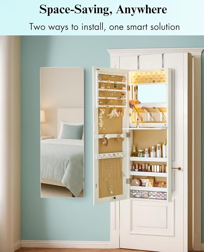 LUXFURNI Mirror Jewelry Cabinet Wall Mounted with lights, 42" Tall Over The Door Hanging Jewelry Armoire, 3 Color Modes Jewelry Mirror Storage, Vanity Table with Interior Mirror, White