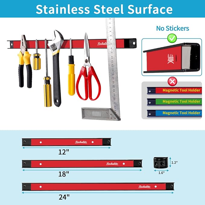 12" 18" 24" Magnetic Tool Holder Strip, Red Magnet Bar, Metal Tool Organizer Rack for Garage Organization, Easy To Install in Workshop, Mounting Screws Included