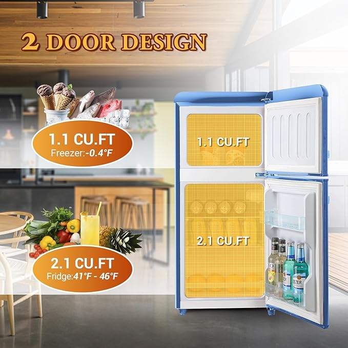 Retro Mini Fridge with Freezer, 3.2 Cu. Ft. Small Retro Refrigerator with Freezer 7-Level Adjustable Thermostat, Compact 2-Door Vintage Fridge Apartment Refrigerator for Home, Office, RV, Blue