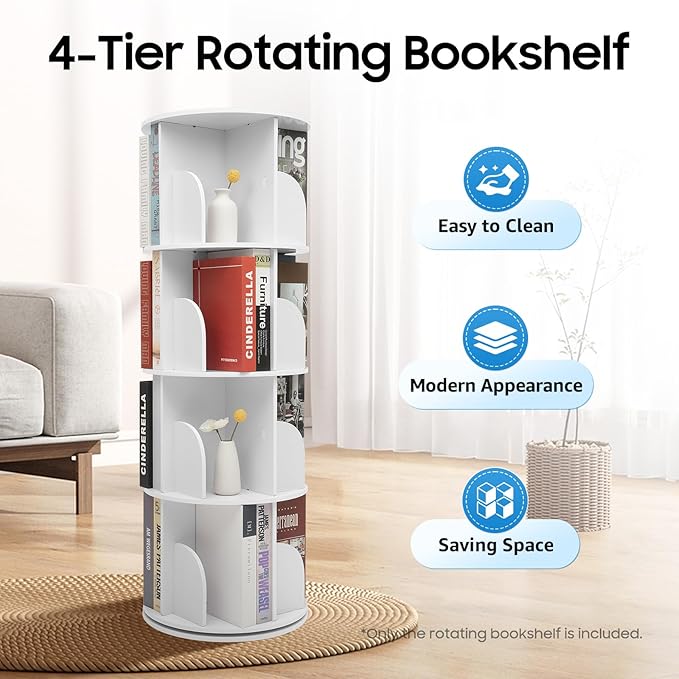 Rotating Bookshelf,360 Display Round Bookshelf,4 Tier Floor Standing Bookcase Storage Rack,Narrow Swivel Book Shelf Organizer for Bedroom,Living Room