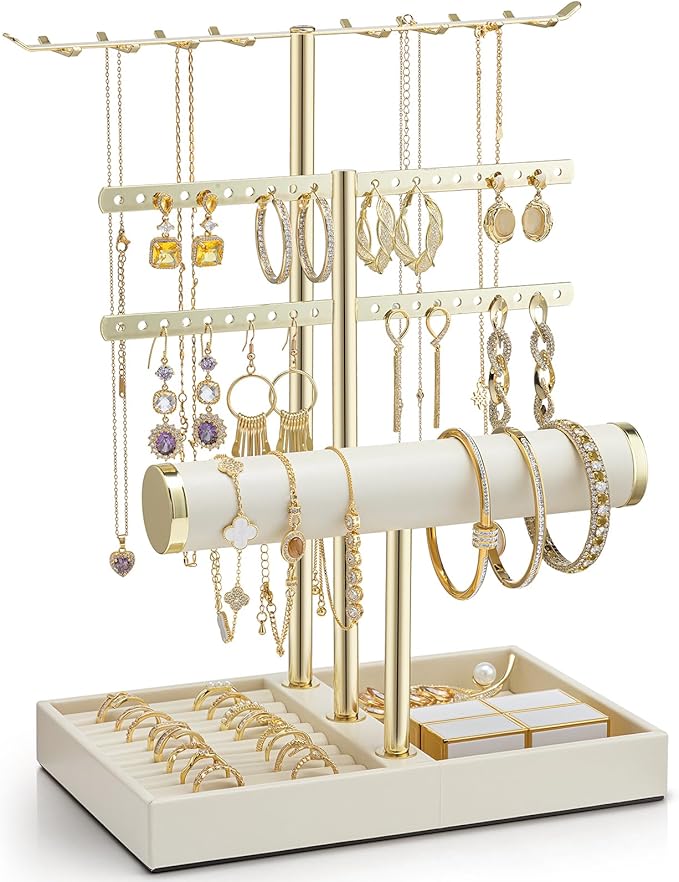 Vlando 3 Tier Jewelry Stand Organizer with Tary, Leather Jewelry Holder Display for Women, Gold Jewlery Holder Display for Necklace, Earring, Bracelet, Rings - Cloud White