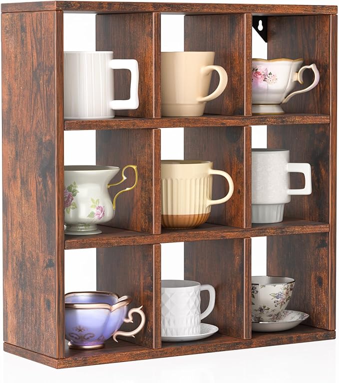 Helsin 9 Grid Vintage Coffee Mug Display Rack, 16inch Wall Mounted Wooden Curio Shadow Box Shelf, Cup Floating Shelves Display and Organizer (Bronze)