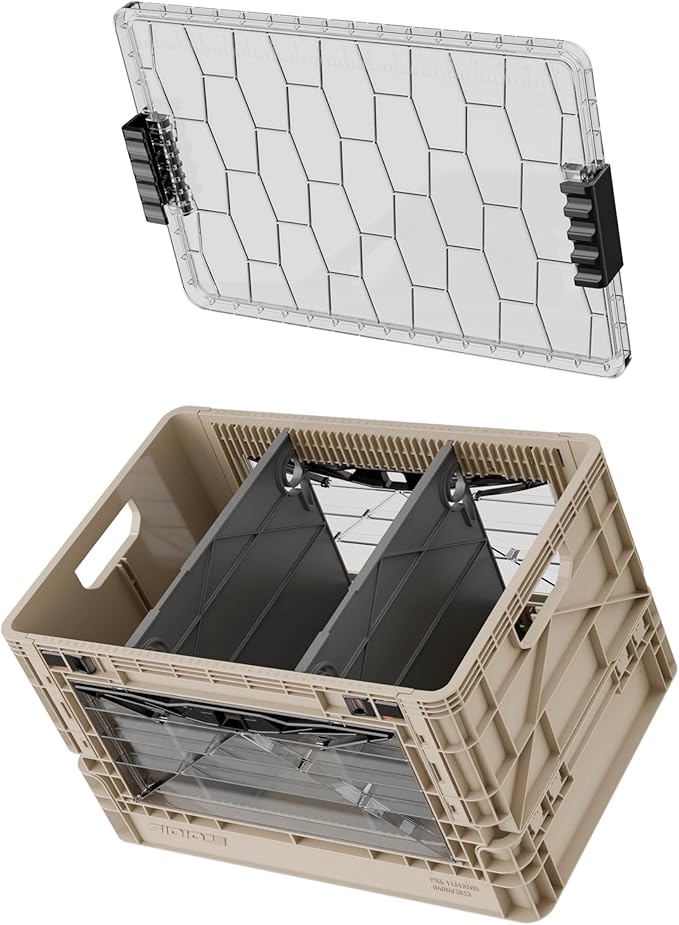SIDIO Full-Size Collapsible Crate - Heavy Duty Stackable Storage Bin with Lid & 2 Short-Ways Dividers, Durable Plastic Organizer for Home, Office, Garage & Outdoor Use (Tan)
