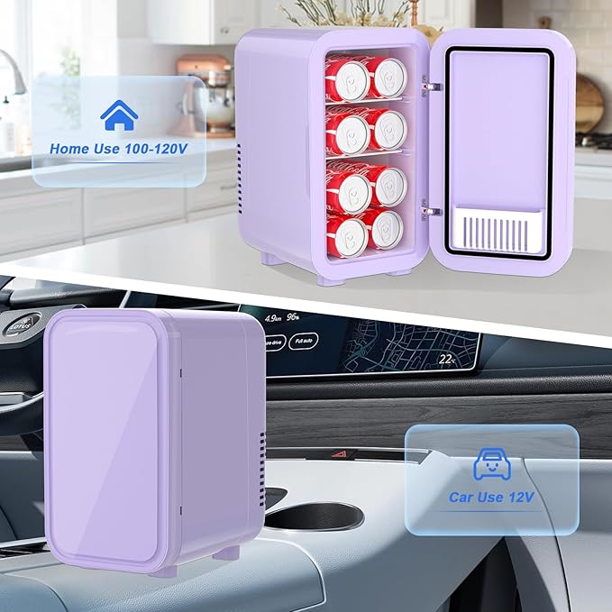 Mini Fridge, 6 Liter/8 Can 110V AC/DC Portable Thermoelectric Cooler Refrigerators for Bedroom, Skincare, Beverage, Office, Dorm Room and Car, Purple
