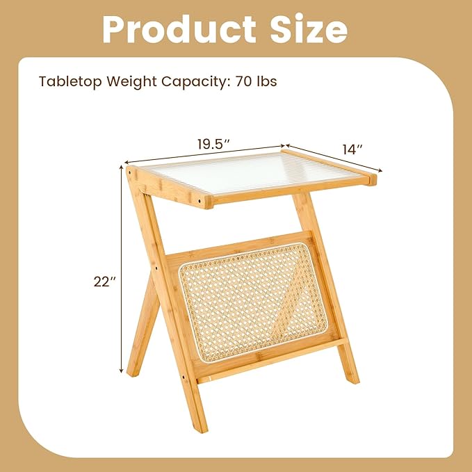 GOFLAME Rattan Side Table, Z-Shaped End Table with Tempered Glass Top, Magazine Rack, Boho Night Stand, Small Coffee Table, Bamboo Accent Bedside Table for Living Room, Bedroom, Natural