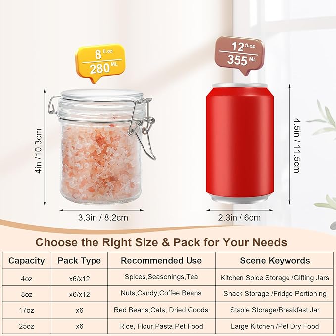 6 Pack Spice Jars, 8 oz Glass Containers with Airtight Lids, Small Herb Jars with Labels for Kitchen Storage