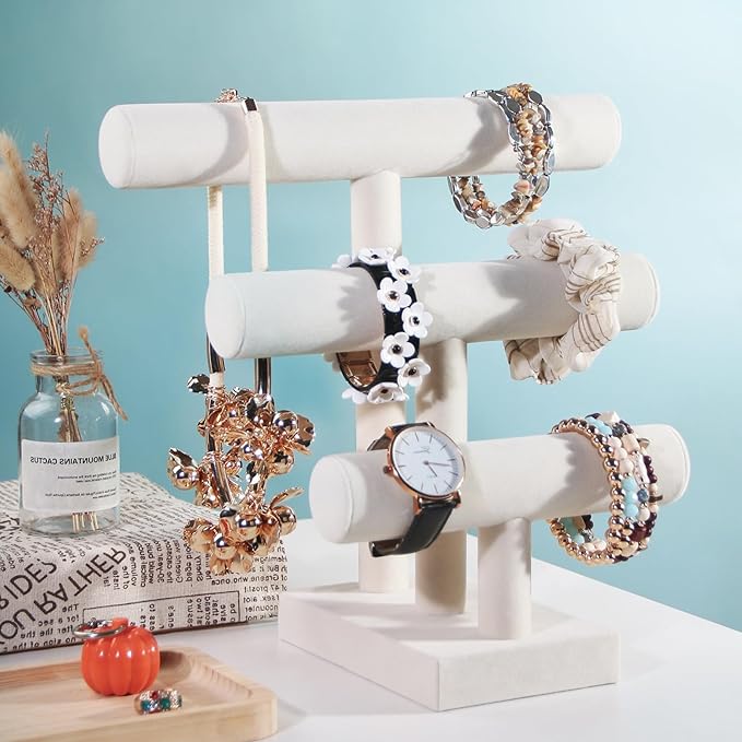 T-Bar Bracelet Holder Stand, Bracelet Jewelry Organizer Stand, Bangle Bracelet Watch Display for Selling, Scrunchie Hair Ties Jewelry Storage Rack for Women (3 tier beige)