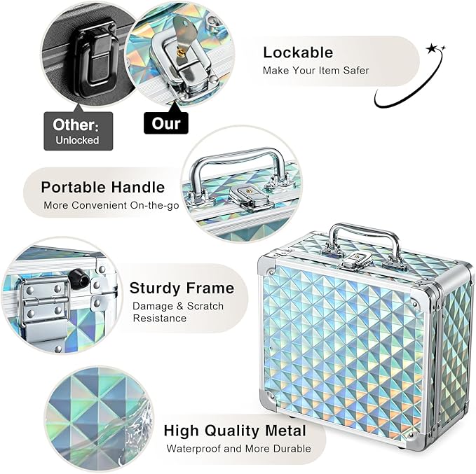Makeup Case with Magnetic LED Mirror Travel Cosmetic Organizer Portable Makeup Box with Lighted Up Mirror Make Up Vanity Nail Box Lipstick Artist Storage with Lockable Dividers Brush Holder Shiny Blue