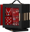 Homde Christmas Gifts Jewelry Box 360° Rotating, Necklace Earring Organizer with Transparent Window, Mirror, 7 Drawers, Large Ring Display Storage Case for Girls Women (Black + Red)