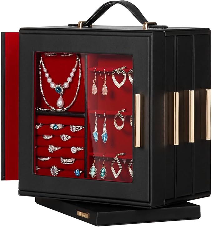 Homde Christmas Gifts Jewelry Box 360° Rotating, Necklace Earring Organizer with Transparent Window, Mirror, 7 Drawers, Large Ring Display Storage Case for Girls Women (Black + Red)