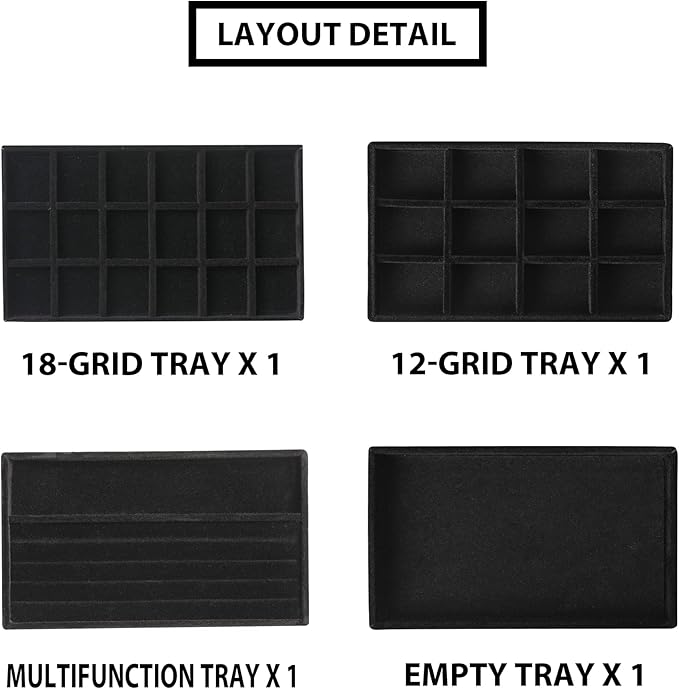 Frebeauty Jewelry Organizer Tray,Stackable Velvet Jewelry Trays,Drawer Inserts Earring Organizer For Women Jewelry Storage Display Case for Rings Stud Necklaces,Set of 4(Black)
