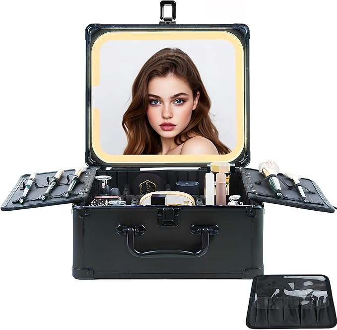 Makeup Organizer Box with Detachable Lighted Mirror, Travel Train Cosmetic Case, Adjustable Divider Storage Bag, Portable Artist Storage Suitcase with Magnetic LED Mirror - Black