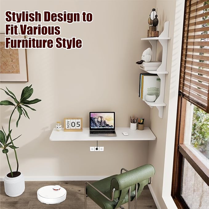 Pmnianhua Wall Mounted Folding Table, 31'' Floating Laptop Desk with Shelves, Foldable Drop Leaf Table, Wall Mount Fold Down Table for Laundry Room Kitchen Bar Home Office Small Space(White)