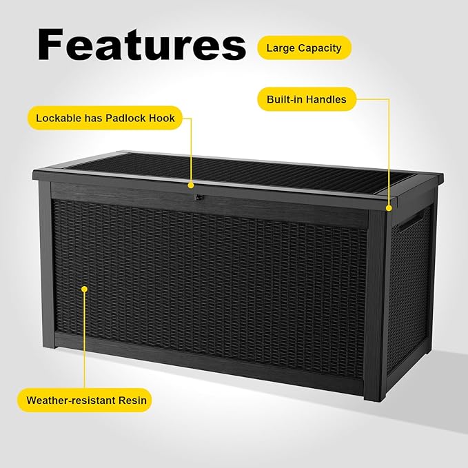 320 Gallon Outdoor Deck Box,Storage Lockable Waterproof Patio Furniture,Garden Tools,Cushions,Pool Accessories Outside Storage Resin Box(Black)