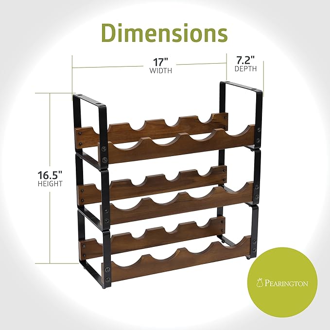 Pearington 12 Bottle Stackable Wine Rack, Rustic 3-Tier Solid Acacia Wood and Iron Wine Bottle Holder, Free Standing Countertop Liquor Display Shelf, 17" x 7.2" x 16.5"