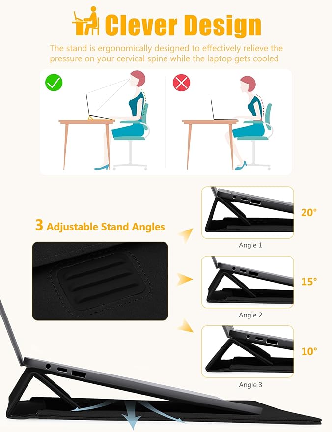 HYZUO 13 Inch Laptop Sleeve with Stand Feature for MacBook Air 13 M4 M3 M2 M1 2025-2018, MacBook Pro 13 M2 M1, 13" iPad Pro/Air, Surface Pro, with Carry Bag, Black
