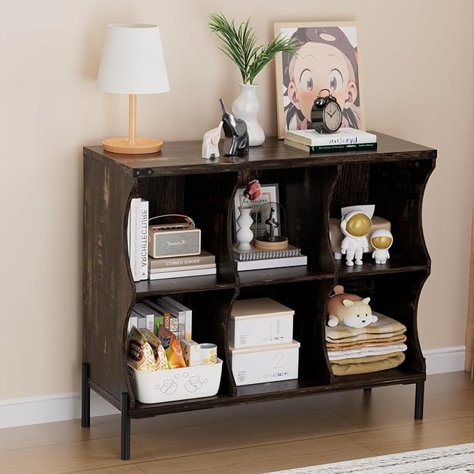 6 Cube Storage Shelf Organizer, Low Book Shelf Bookcase Entryway Table, Wood Closet Storage Display Cabinet TV Stand for Living Room, Office,Bedroom, Dorm, Dark Brown with Dark Brown Top