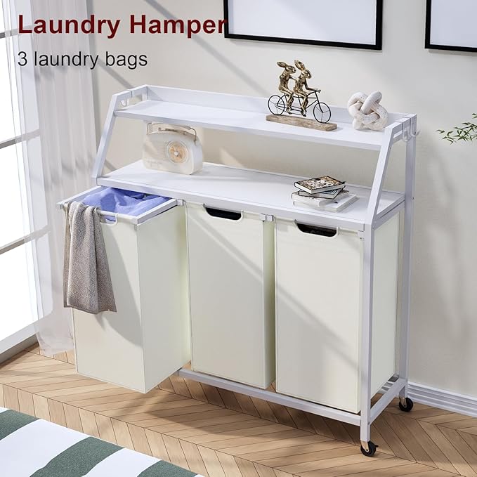 Laundry Hamper, Laundry Sorter 3 Section, Rolling Laundry Basket with Wheels, 2 Shelves, 3 × 14.5 Gal, Pull-Out and Removable Oxford Fabric Bags, for Laundry Room, White and Beige