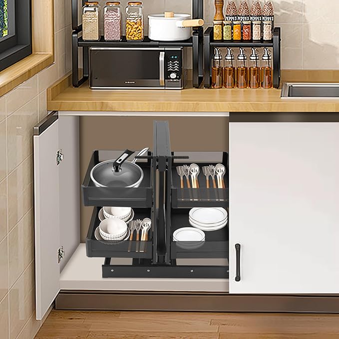 Corner Pull Out Organizer, Blind Corner Pull Out Organizer, 2 Tier Pullout Shelf Organizer for Blind Corner Kitchen/Bathroom Cabinets