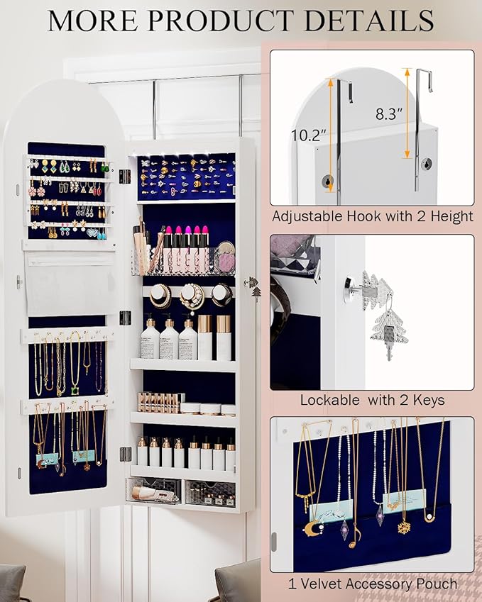 Jewelry Cabinet Organizer with Mirror, 47 inch Lockable Full-Length Mirror Jewelry Armoire Hanging Door/Wall Mounted with 6 LEDS, Arched Framed Mirror Cabinet with Storage, Gift for Women, White
