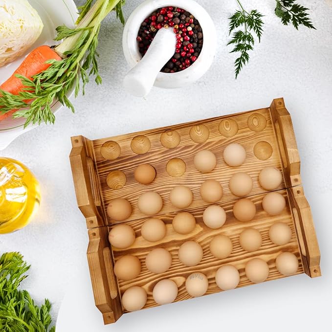 Wooden Egg Holder Countertop, Stackable Egg Storage Trays for 36 Fresh Chicken Deviled Egg Organizer Rustic Kitchen Decoration, Egg Container Rack, set of 2 pieces