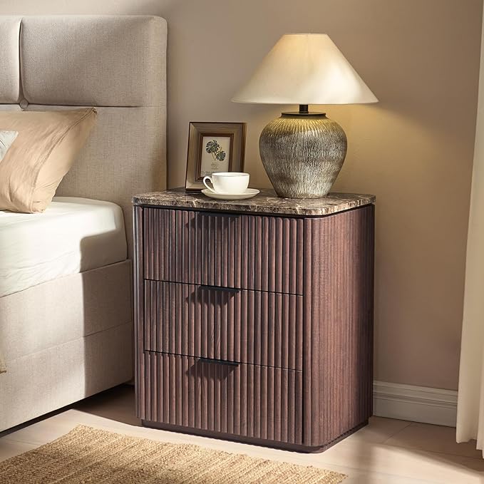 Fluted Nightstand Set of 2, Engineered Wood Bedside Table with 3 Drawers, Modern End Table with Faux Marble-Top, Curved Corners, Metal Handle, Large Night Stand for Bedroom, Office, Closet, Dark Oak