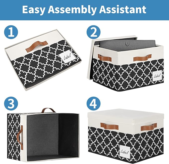 GhvyenntteS Fabric Storage Bins with Lids 3 Pack, Foldable Fabric Storage Boxes with Lids and 3 Handles, Sturdy Closet Organizers and Storage Bins with Label Window for Home (White&Lattice Black)