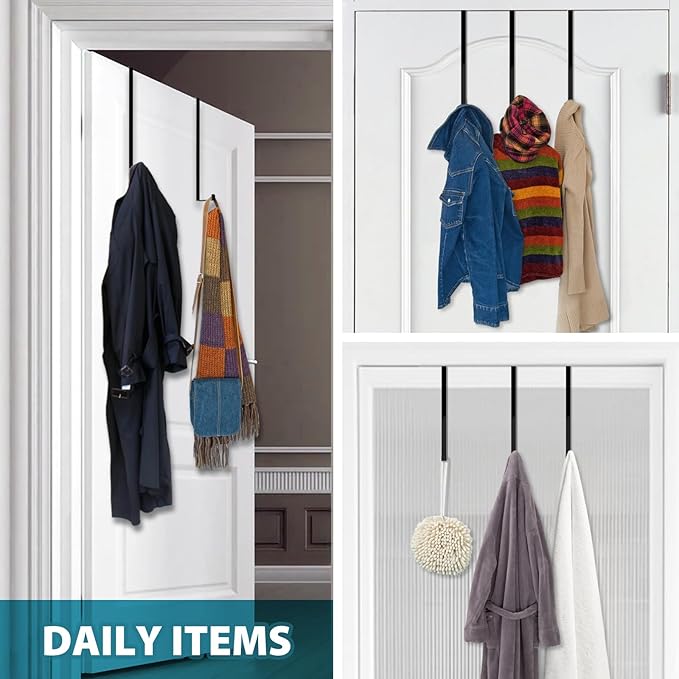 Over The Door Hooks 14”, 4 Pack Upgraded Widen Hanger Hook Fits 1-3/4” & 1-3/8”Door Widths, Z-Shaped Wreath Sturdy for Hanging Wreaths, Hats, and Clothes (Black)