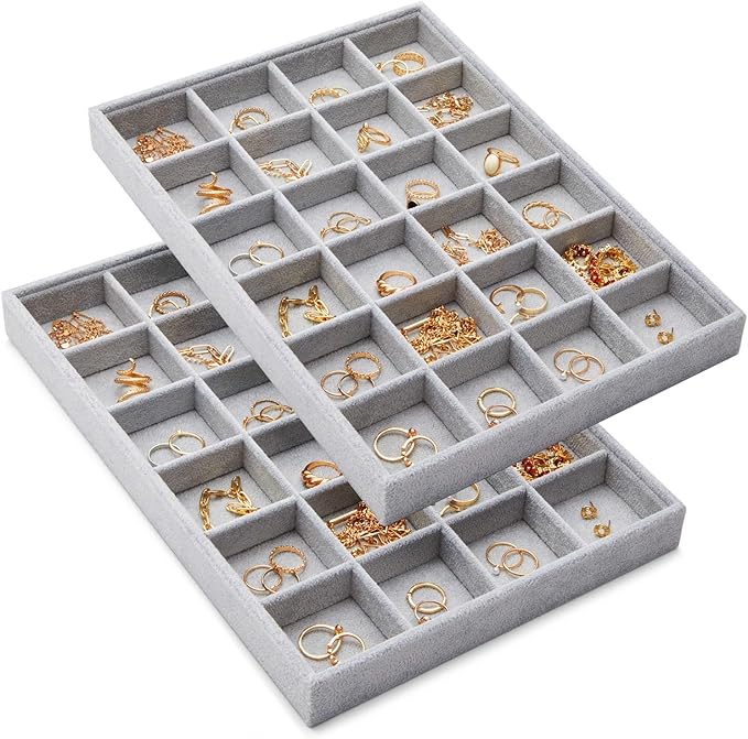 Juvale 2 Pack Velvet Jewelry Organizer Tray for Earrings, Stackable 24 Grid Storage for Rings (Gray, 14x10 in)