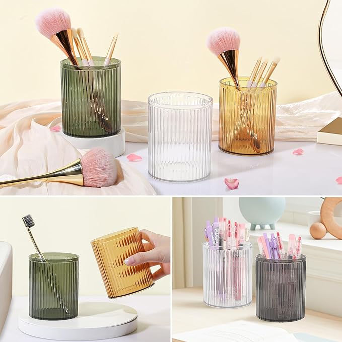 DASITON Makeup Brush Holder Organizer, Acrylic Makeup Brush Cup, Vintage Striped Make Up Brush Holder for Vanity, Bathroom Countertop, Toothbrush Holders, Pen Holder for Desk Storage (Black)