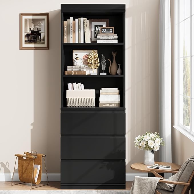 GarveeHome 70" Tall Bookcase with Drawers, Bookshelf w/ 3 Tier Open Shelves & 3 Storage Drawers, Modern Deep Storage Book Shelf Storage Cabinet Organizer for Living Room Office Library (Black-Q)