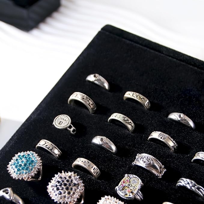 50 Slots Rings Display Stand, Ring Organizer Holder Stand for Selling, Ring Earring Jewelry Pad Showcase Storage Tray for Home or Shop Sell Show (Black 1PC)