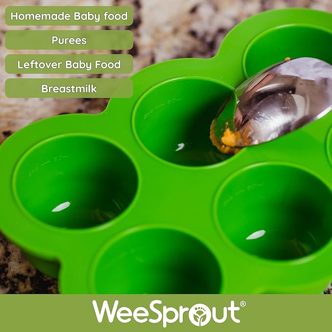 WeeSprout Silicone Baby Food Freezer Tray with Clip-on Lid - Perfect Storage Container for Homemade Baby Food, Vegetable & Fruit Purees, and Breast Milk (Matte Green, Six 3 Ounce Sections)