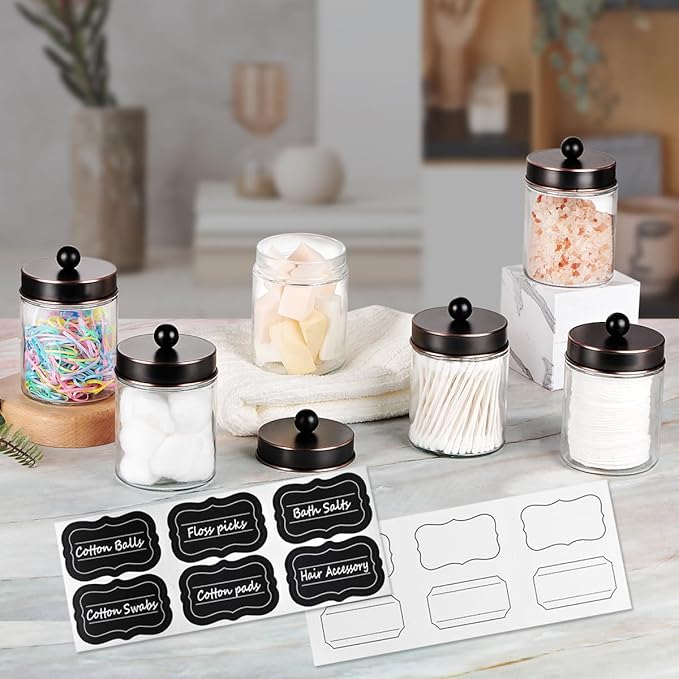 Amolliar 6 Pack Apothecary Jars Bathroom Vanity Organizer- Rustic Farmhouse Decor Storage Canister with Stainless Steel Lids- Qtip Dispenser Holder for Q-Tips,Cotton Swabs,Rounds,Ball,Flossers