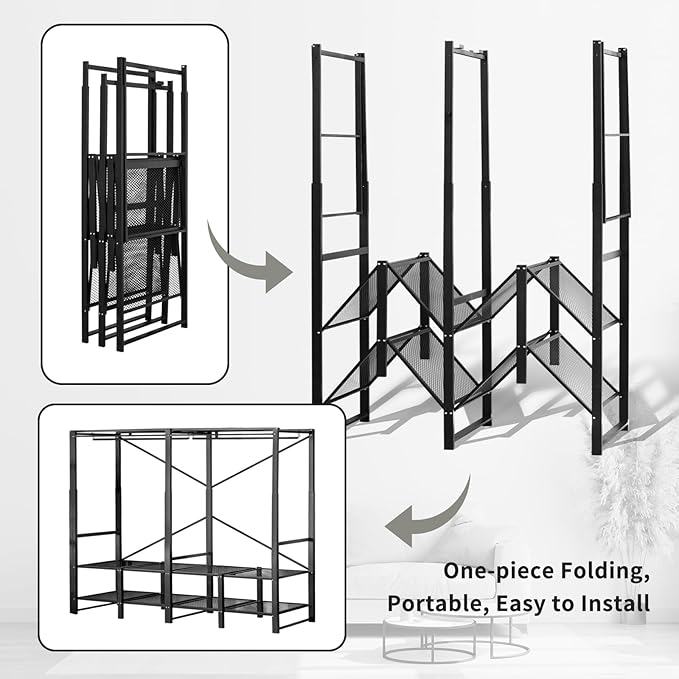 Portable Closet Rack Heavy-Duty Foldable Garment Racks with Cover 1200lbs Enclosed Wardrobe Closet with Independent Area for Hanging Clothes Storaging of Bedding (51in*20in*67in)