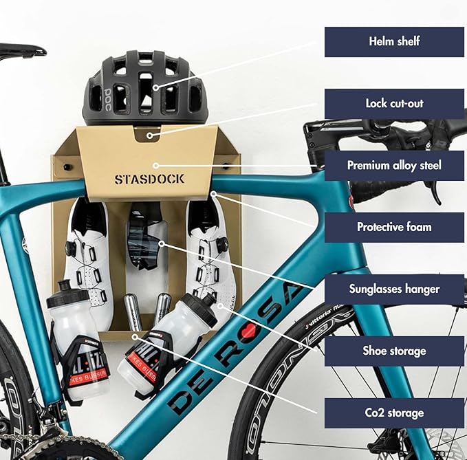 Stasdock Wall Bike Rack | Bike Storage Wall Mount System | For Race Bicycles (New Gold) and Mountain Bikes | Bike Shelf | Indoor bike wall bracket | Store your helmet and shoes | Home and Garage