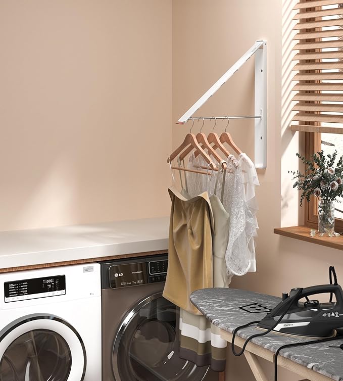 Dr.DJ Clothes Drying Rack Wall Mounted, Retractable & Foldable Clothes Hanger for Laundry Room Organization and Storage, Clothes Hanger Rack for Dorm, Closet, Balcony, Laundry Room(2Pack, White)
