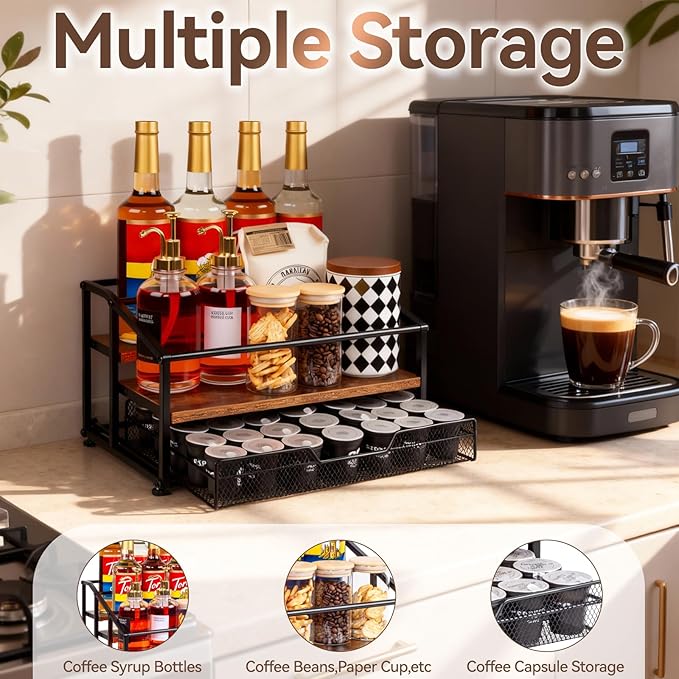 Coffee Syrup Rack Organizer, 3-Tier 8 Bottle Syrup Rack with 35 K Cup Drawer for Coffee Bar, Countertop Bottle Holder Stand for Dressing for Kitchen Cafe Station