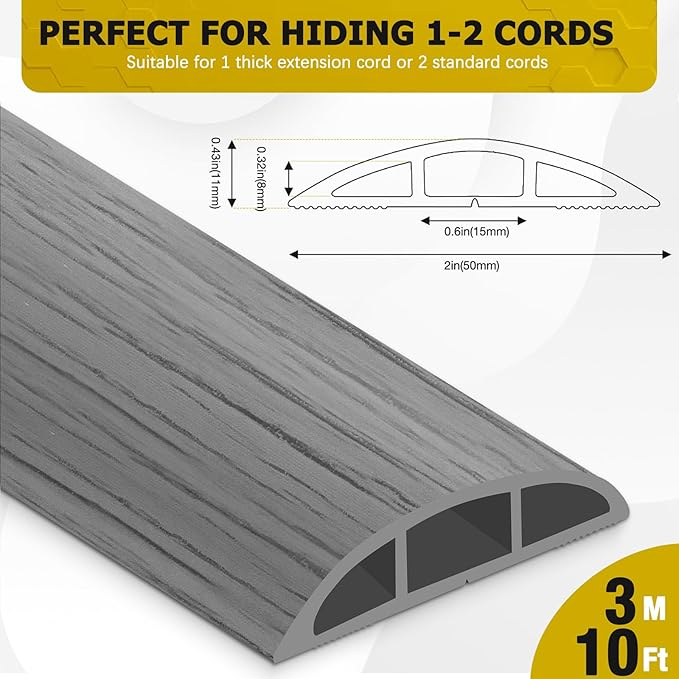 Floor Cord Cover 10FT Cord Covers for Wires on Floor Protect Wires & Prevent Trip Hazards, Easy to Cut for Home, Office, School, Concerts, Cavity W0.6in x H0.32in