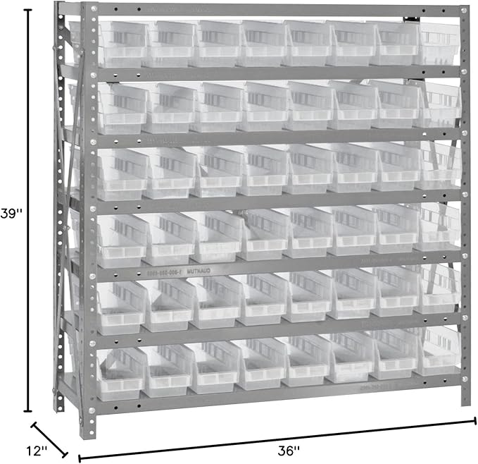 Quantum Storage Systems 1239-101CL Clear-View Sloped Shelving Unit with 4" Shelf Bins, 48 QSB101 Shelf Bins, 12" D x 36" W x 39" H