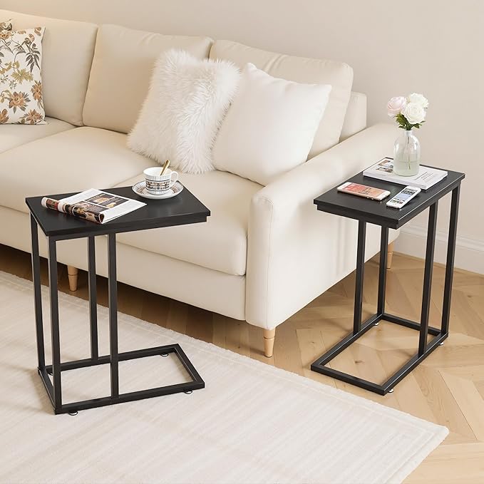 VECELO C Shaped End Side Table for Sofa Couch and Bed Snack TV Tray for Living Room Bedroom, 1 PCS,Black
