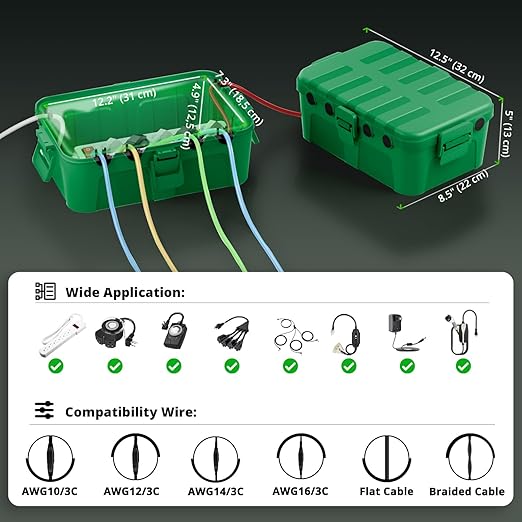 QUOBAS Extra Large Outdoor Electrical Box Waterproof, IP54 Weatherproof Extension Cord Cover, Outdoor Plug Cover Protect Outlet, Plug, Power Strip, Tools, Holiday Light, Green