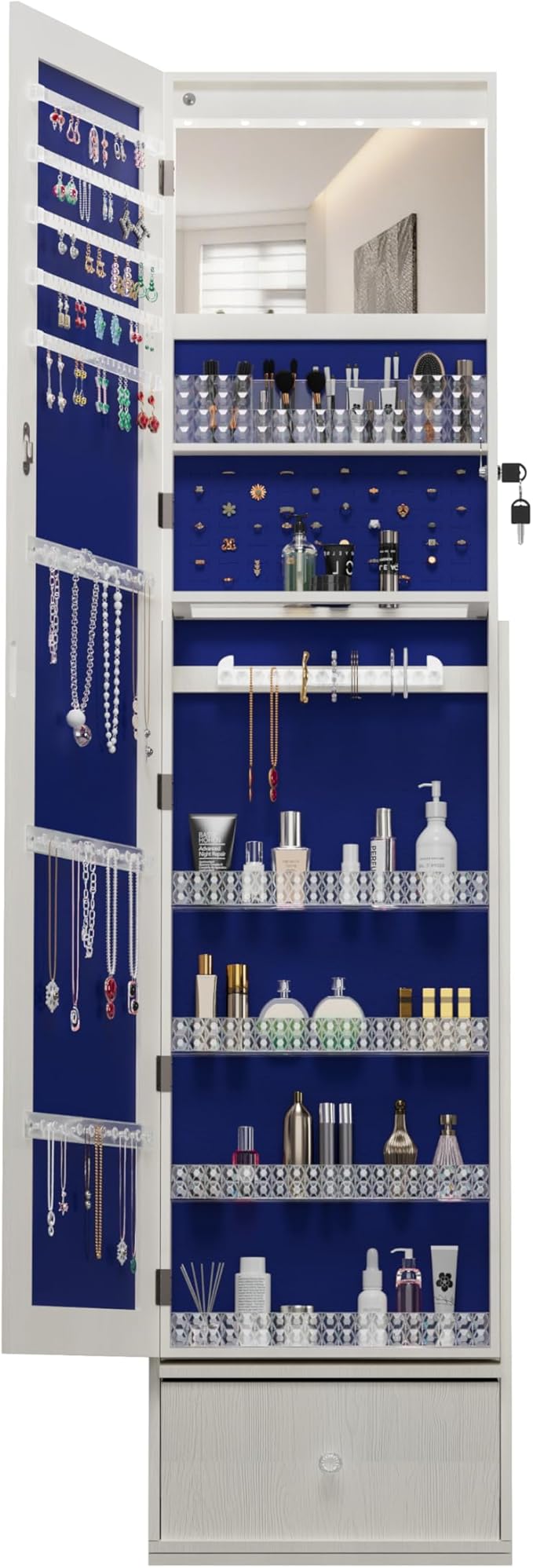 Montary Jewelry Cabinet with Full-Length Mirror - Freestanding Jewelry Armoire with Lockable Storage, Built-In Lighted Mirror & Back Storage Cabinet, White